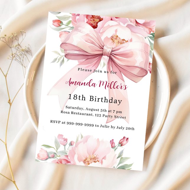 Bow pink florals elegant birthday invitation (Creator Uploaded)