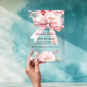 Bow pink florals elegant clear birthday acrylic invitations