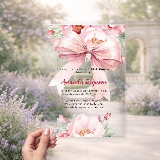 Bow pink florals elegant clear Bridal Shower Acrylic Invitations (Creator Uploaded)
