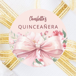 Bow pink florals Quinceanera Classic Round Sticker