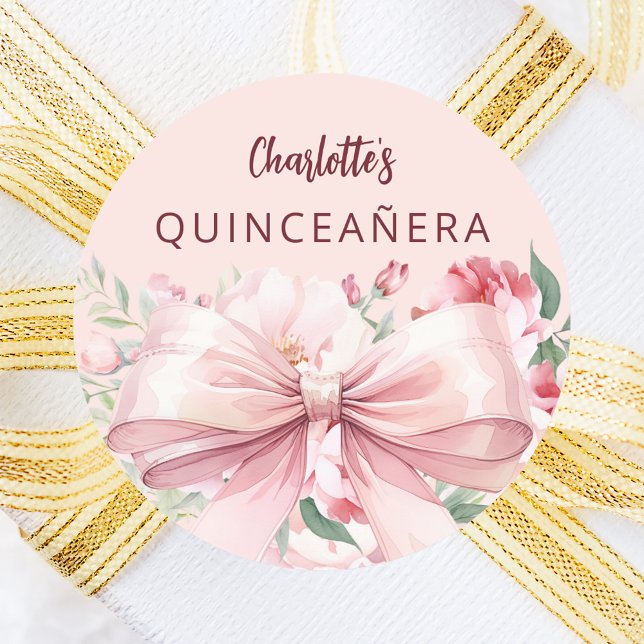 Bow pink florals Quinceanera Classic Round Sticker (Creator Uploaded)