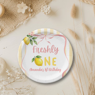 Bow Pink Freshly One Yellow Lemon First Birthday Paper Plates