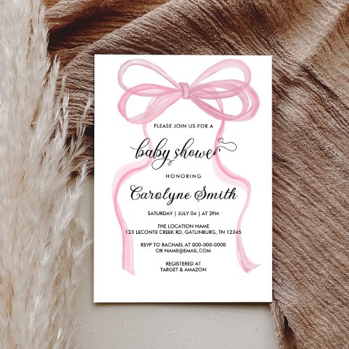 Bow Pink Girl Baby Shower Invitation