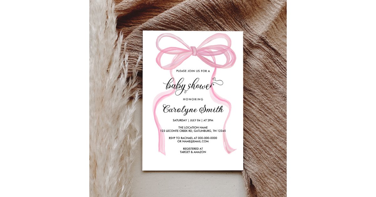 Bow Pink Girl Baby Shower Invitation | Zazzle