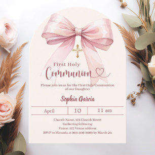 Bow pink girl cream arch First Communion Invitation