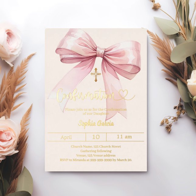 Bow pink girl cream elegant Confirmation gold Foil Invitation (Creator Uploaded)