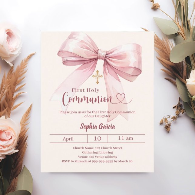 Bow pink girl cream First Communion invitation (Creator Uploaded)