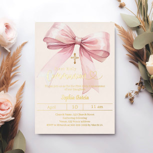 Bow pink girl cream luxury gold First Communion Foil Invitation