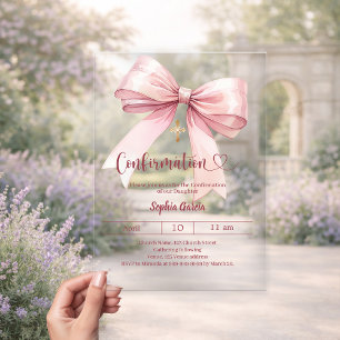 Bow pink girl elegant clear luxury Confirmation Acrylic Invitations