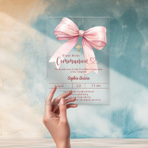 Bow pink girl elegant luxury clear First Communion Acrylic Invitations