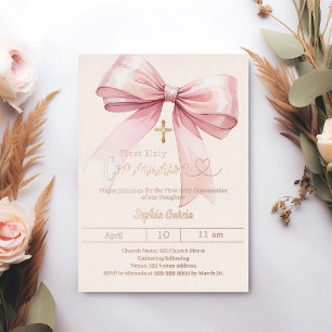 Bow pink girl luxury rose gold First Communion Foil Invitation