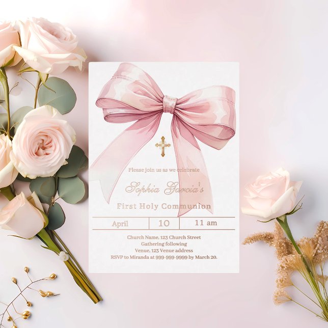 Bow pink girl roe gold First Communion Foil Invitation (Creator Uploaded)