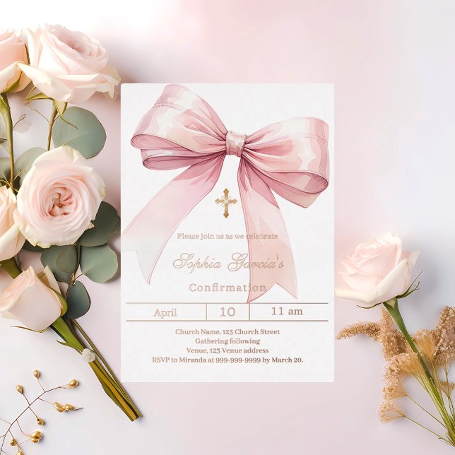 Bow pink girl rose gold Confirmation Foil Invitation (Creator Uploaded)