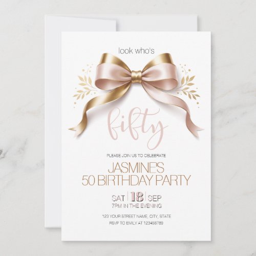 Bow Pink Gold Modern Elegant 50 Birthday Invitation