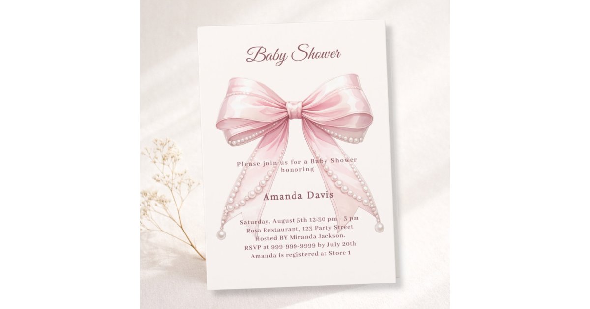 Bow pink ivory pearls elegant girl Baby Shower Invitation | Zazzle