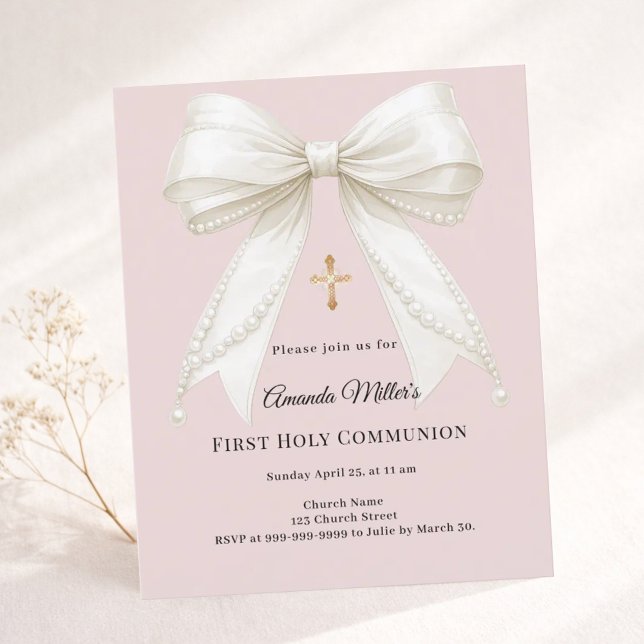 Bow pink ivory pearls First Communion invitation (Creator Uploaded)