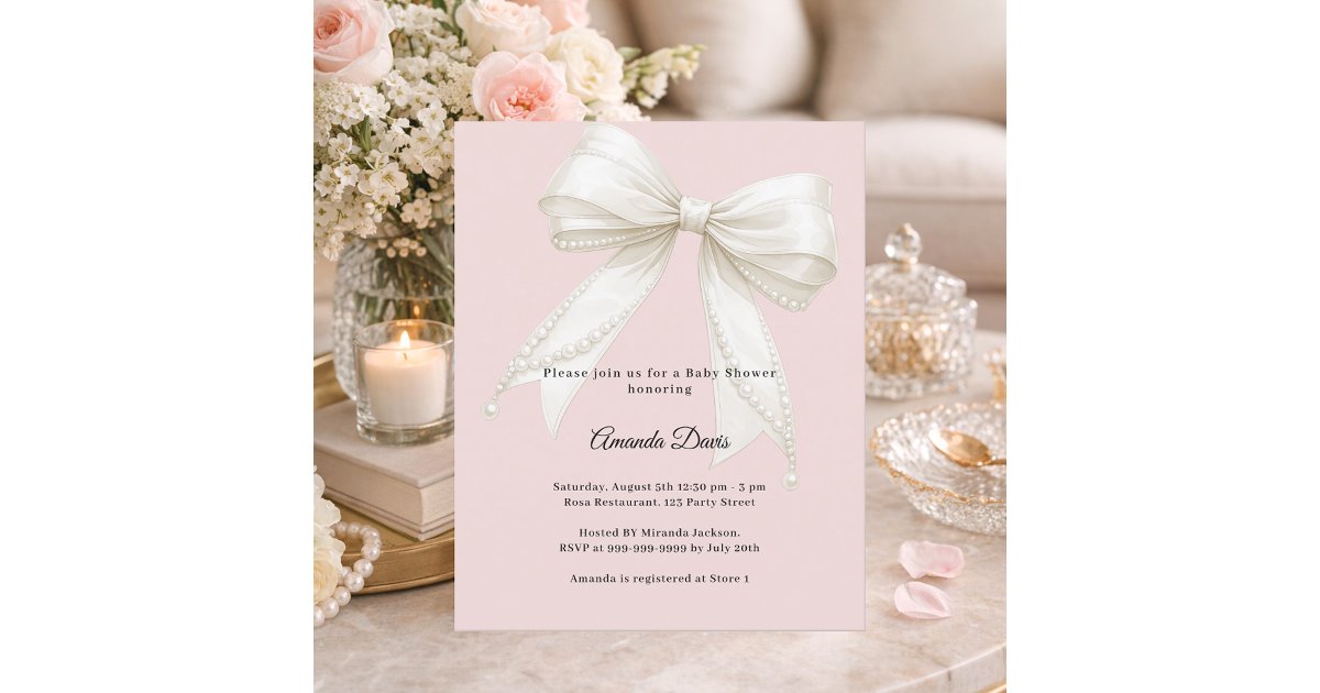 Bow pink ivory pearls girl Baby Shower invitation | Zazzle