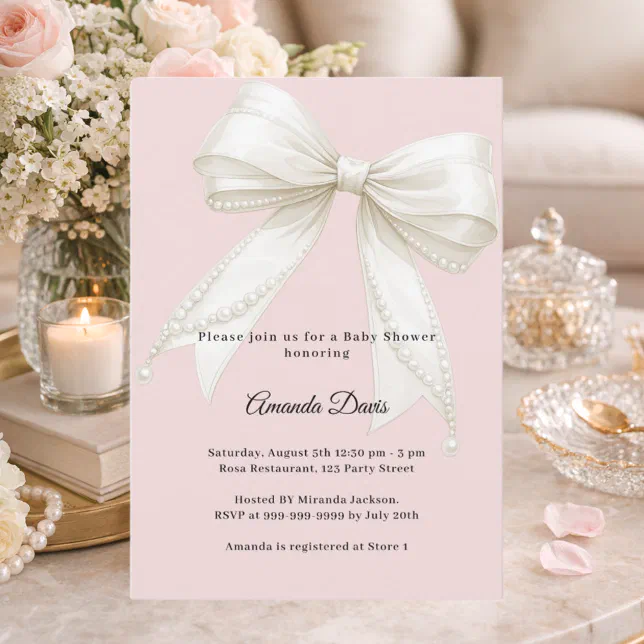 Bow pink ivory pearls girl Baby Shower Invitation | Zazzle