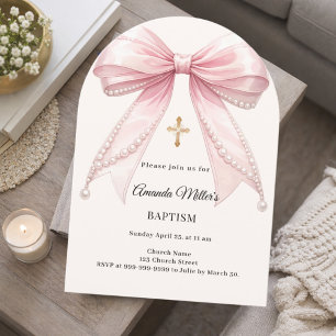 Bow Pink Ivory Pearls Girl Elegant Baptism Arch Invitation