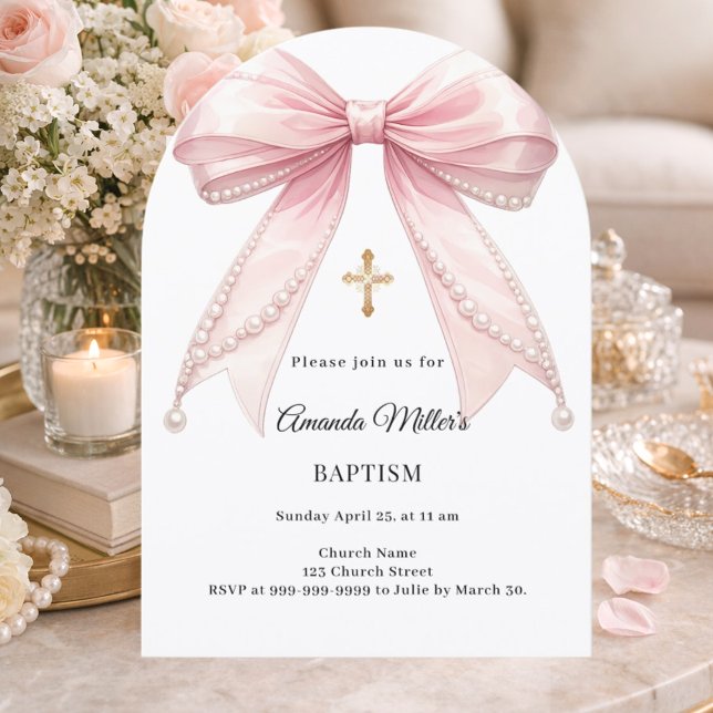 Bow Pink Pearls Girl Elegant Baptism Arch Invitation (Creator Uploaded)