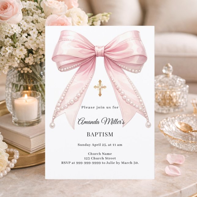 Bow Pink Pearls Girl Elegant Baptism Invitation (Creator Uploaded)