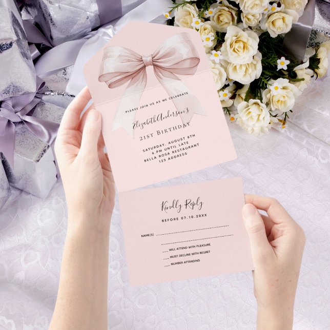 Bow pink rose gold rsvp birthday all in one invitation (Creator Uploaded)