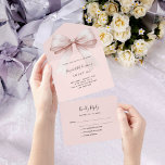 Bow pink rose gold Sweet 16 rsvp All In One Invitation<br><div class="desc">A blush pink background,  decorated with a large rose gold bow.  Personalize and add names,  party details,  RSVP date,  return address and name.</div>