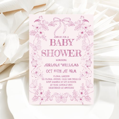 Bow Pink Toile Flowers Girl Baby Shower Invitation