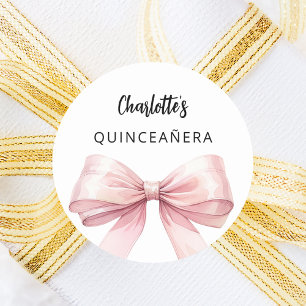 Bow pink white elegant Quinceanera Classic Round Sticker