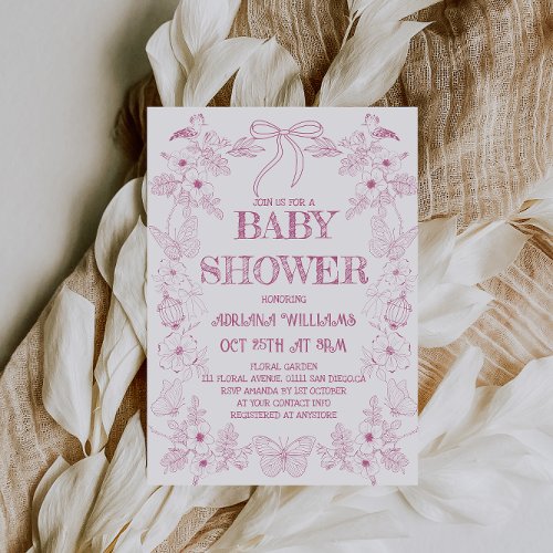 Bow Pink White Toile Flowers Girl Baby Shower Invitation