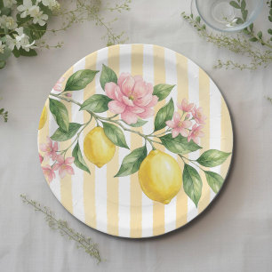 Bow Pink Yellow Freshly One Lemon First Birthday Paper Plates