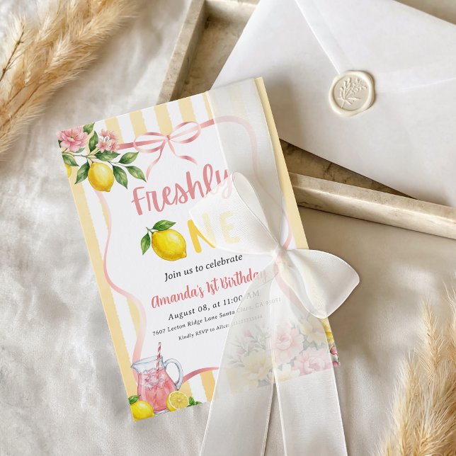 Bow Pink Yellow Lemon Freshly One First Birthday Invitation (Creator Uploaded)