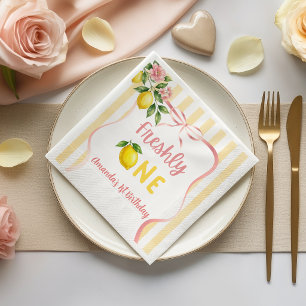 Bow Pink Yellow Lemon Freshly One First Birthday Napkins