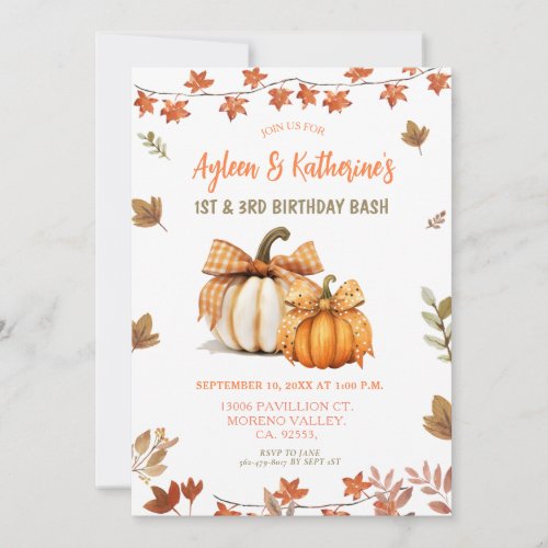 Bow Pumpkin Joint Birthday Siblings Autumn Party  Invitation