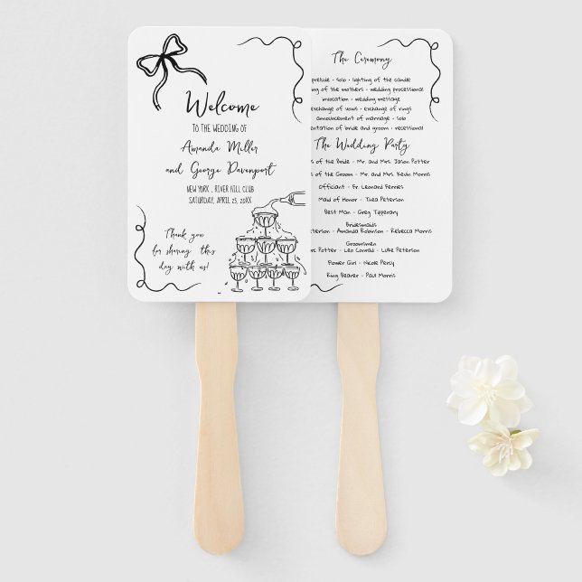 Bow quirky wedding program fan (Front and Back)