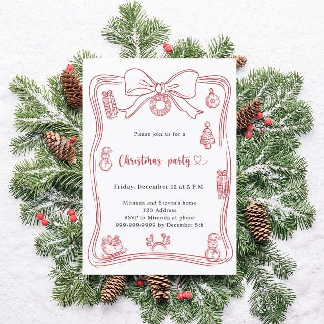 Bow red hand-drawn Christmas Party Invitation (Creator Uploaded)