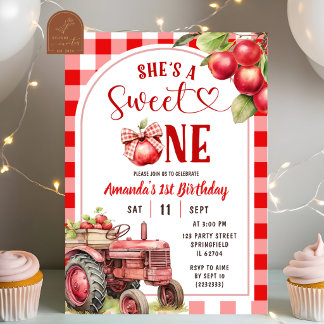 Bow Red Preppy Plaid Apple First Birthday Invitation