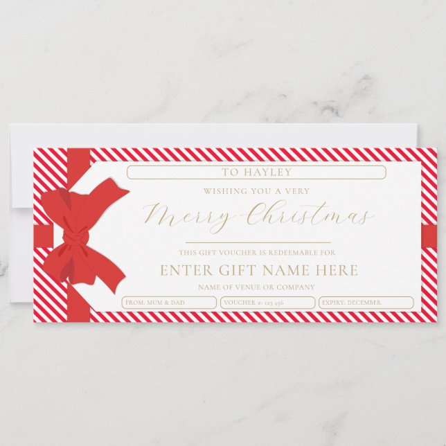 Bow Red Stripe Merry Christmas Gift Voucher Card (Front)