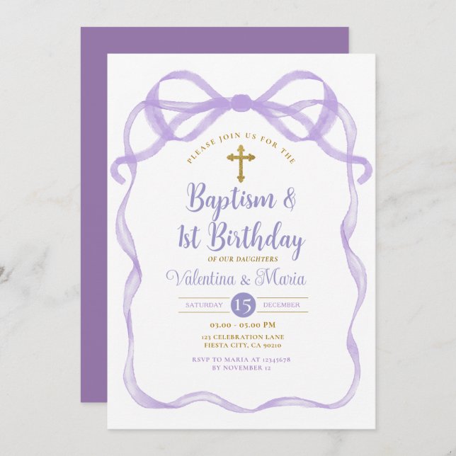 Bow Ribbon Baptism & 1st Birthday Purple  Invitation (Front/Back)
