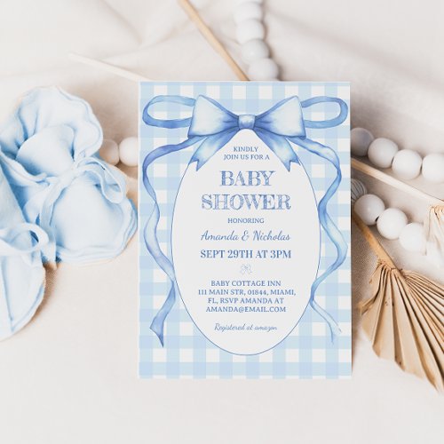 Bow Ribbon Blue Gingham Baby Boy Shower  Invitation