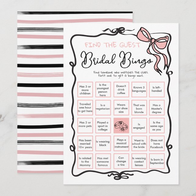 Bow Ribbon Bridal Shower Find the Guest BINGO  Invitation (Front/Back)