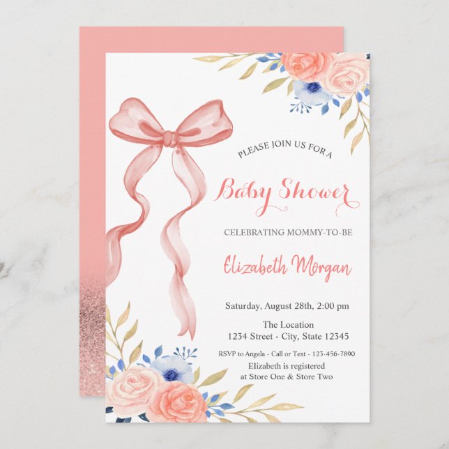 Bow Ribbon Flowers Bokeh Baby Shower Invitation (Front/Back)