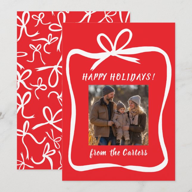 Bow Ribbon Frame Christmas CUSTOM PHOTO Holiday Card (Front/Back)