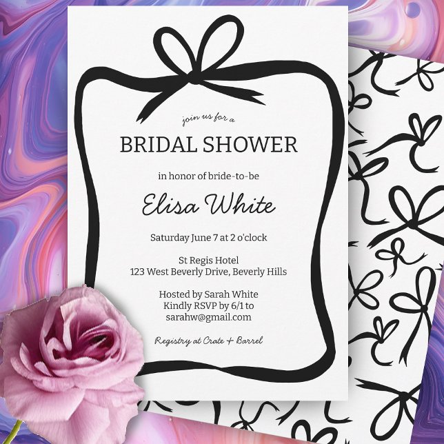 Bow Ribbon Frame Elegant Bridal Shower CUSTOM  Invitation (Bow Ribbon Frame Elegant Bridal Shower CUSTOM Invitation
Black and White Simple Cute Party Invite )