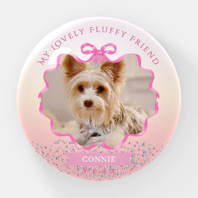 Bow Ribbon Glittering Pet Memory Photo Pink Paperweight (Front)