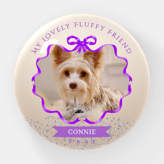 Bow Ribbon Glittering Pet Memory Photo Purple Paperweight (Front)