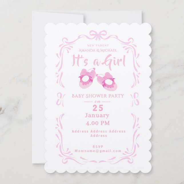 Bow Ribbon Its a Girl Baby Shoe Invitation (Front)