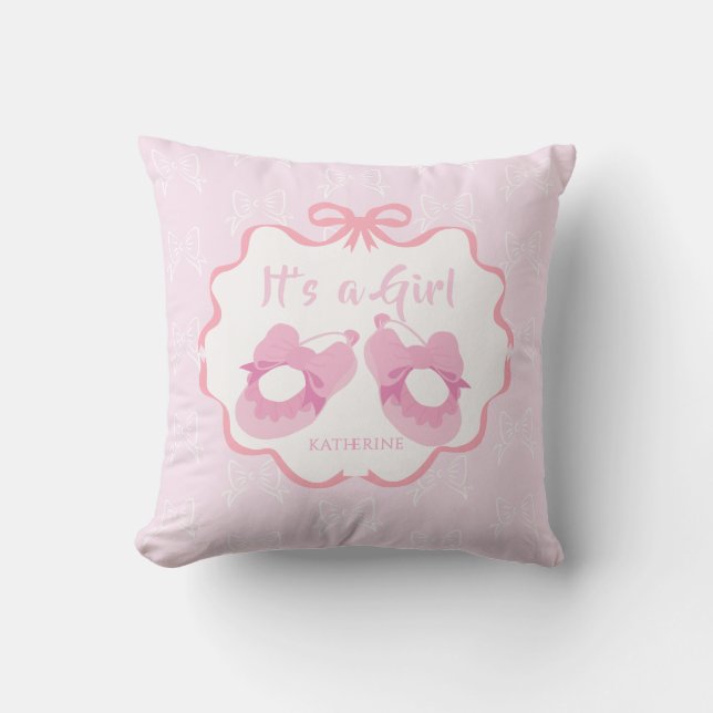 Bow Ribbon Its a Girl Pink Throw Pillow (Front)