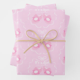 Bow Ribbon Its a Girl Pink Wrapping Paper Sheets