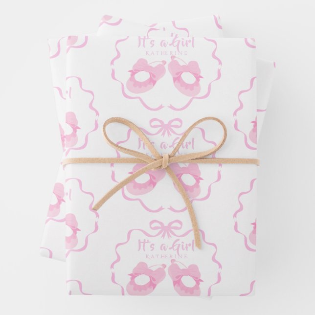 Bow Ribbon Its a Girl White Wrapping Paper Sheets (In situ)